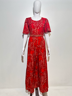 Image of Red Muslin Jumpsuit with Sequence work