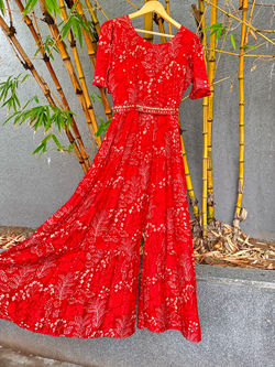 Image of Red Muslin Jumpsuit with Sequence work