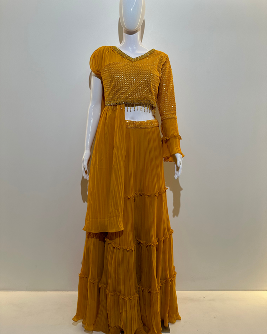 Yellow Georgette Crop Top Dress- 2 Piece