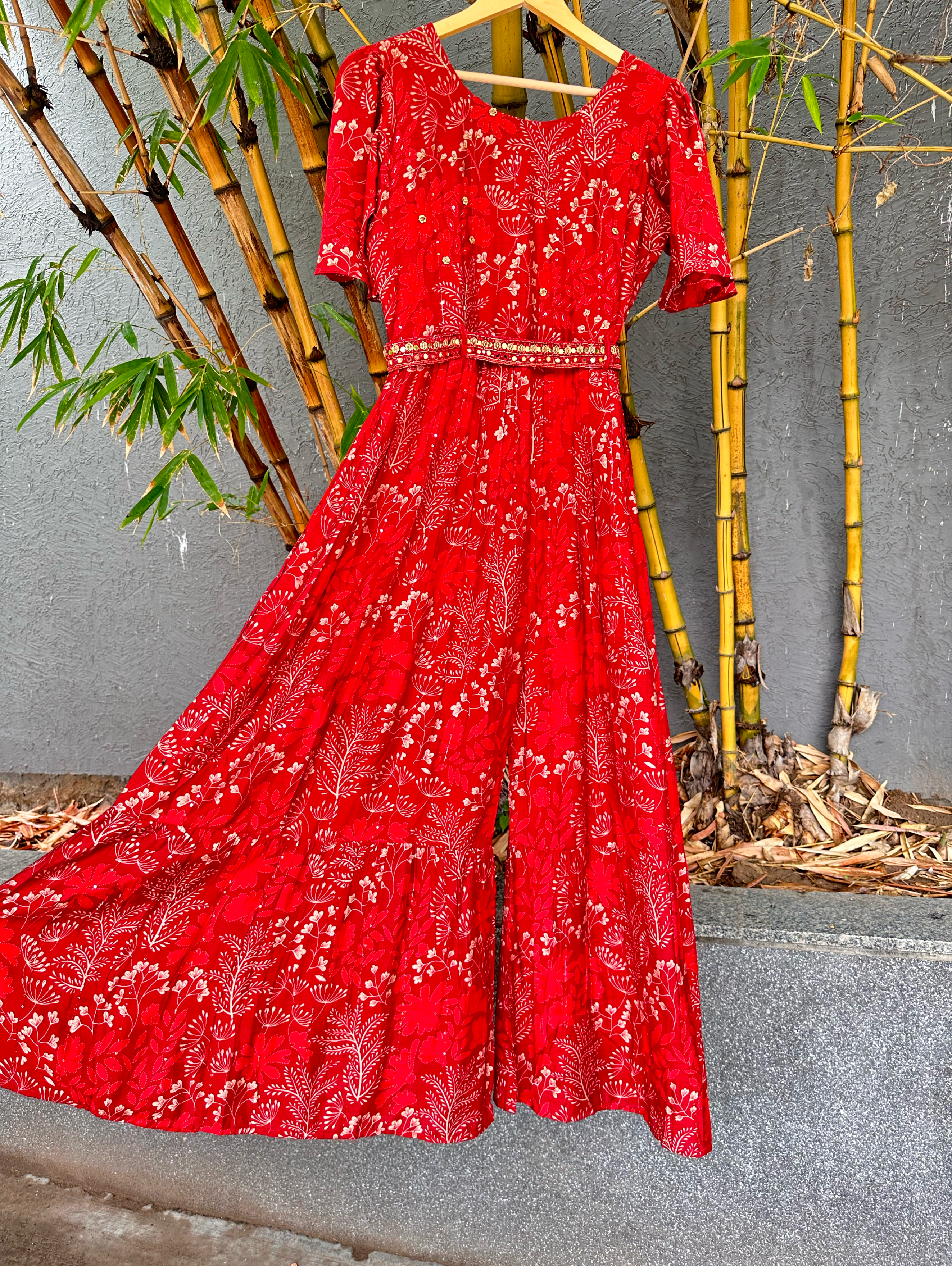 Red Muslin Jumpsuit with Sequence work