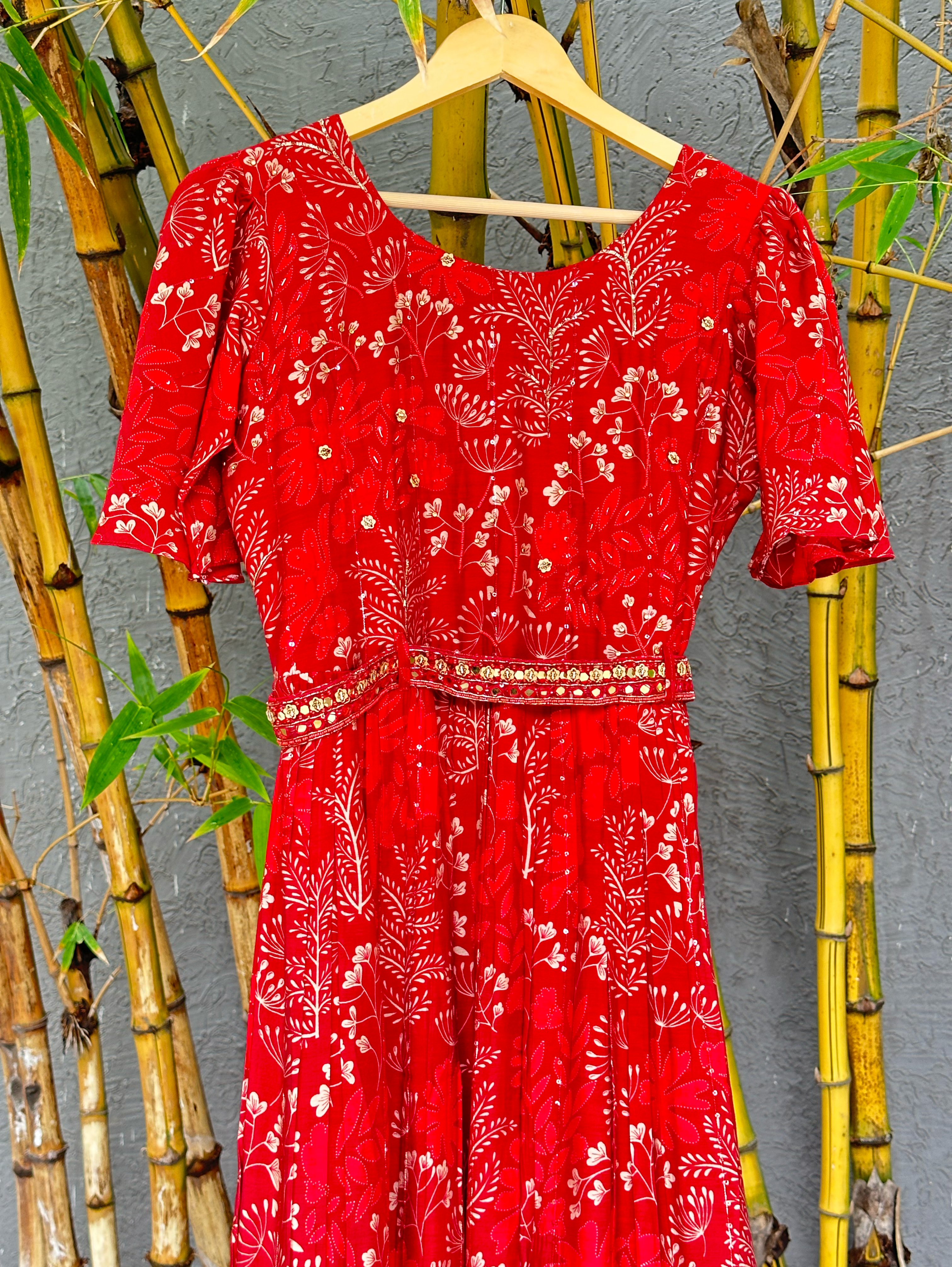 Red Muslin Jumpsuit with Sequence work