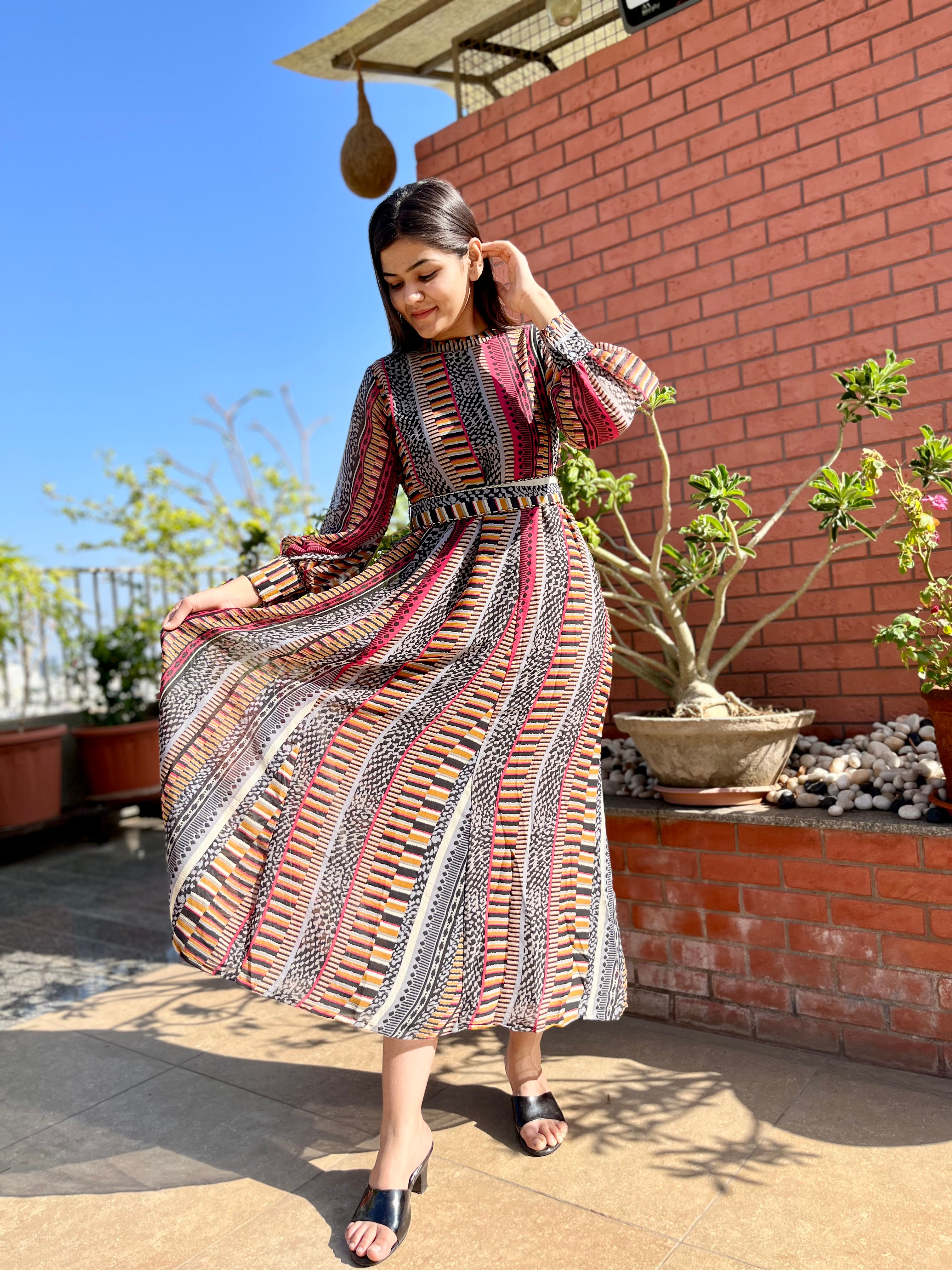 Georgette Gown with Belt - Block Print