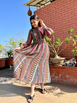 Image of Georgette Gown with Belt - Block Print
