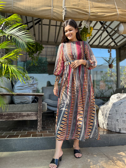 Image of Georgette Gown with Belt - Block Print