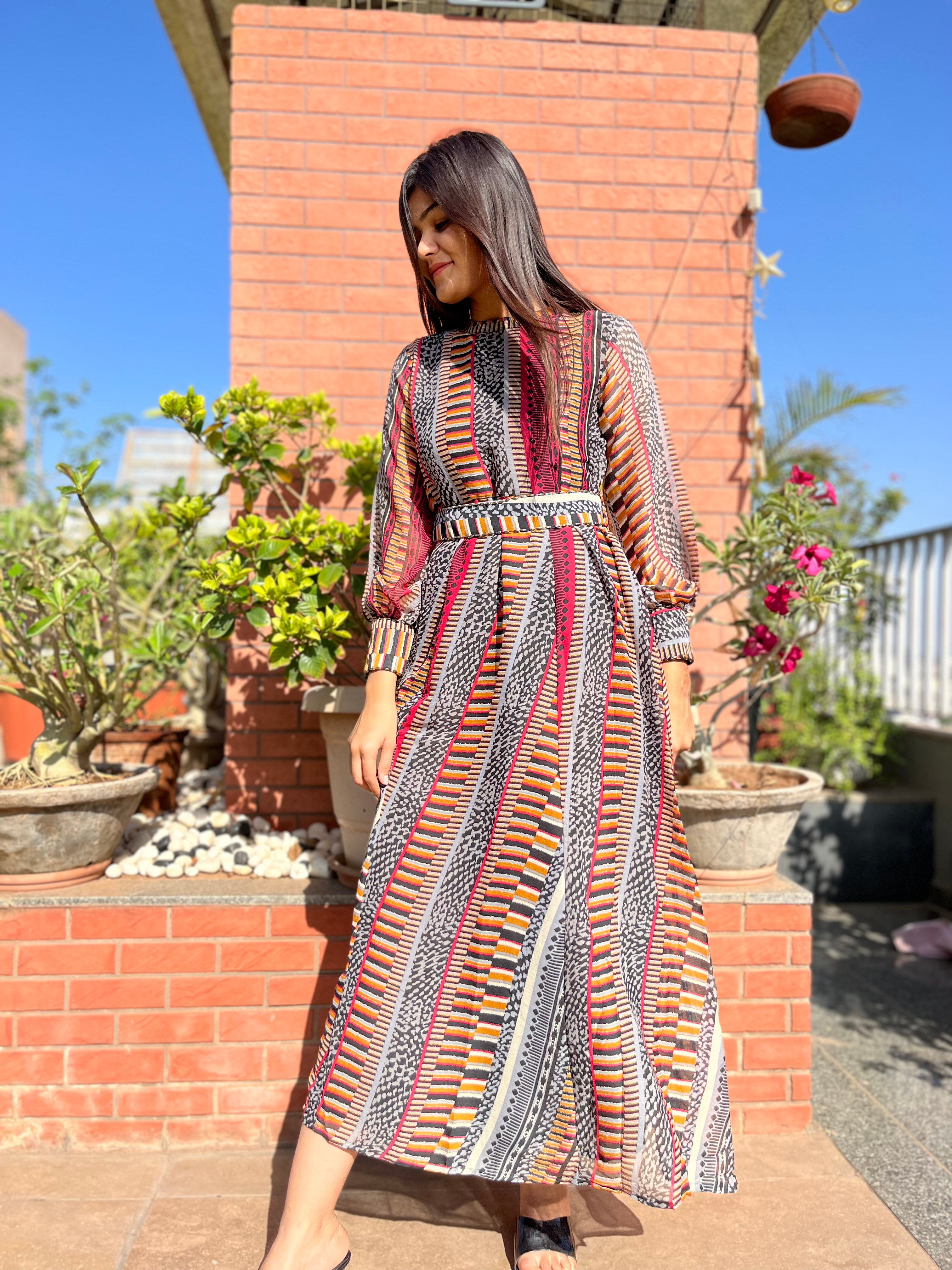 Georgette Gown with Belt - Block Print