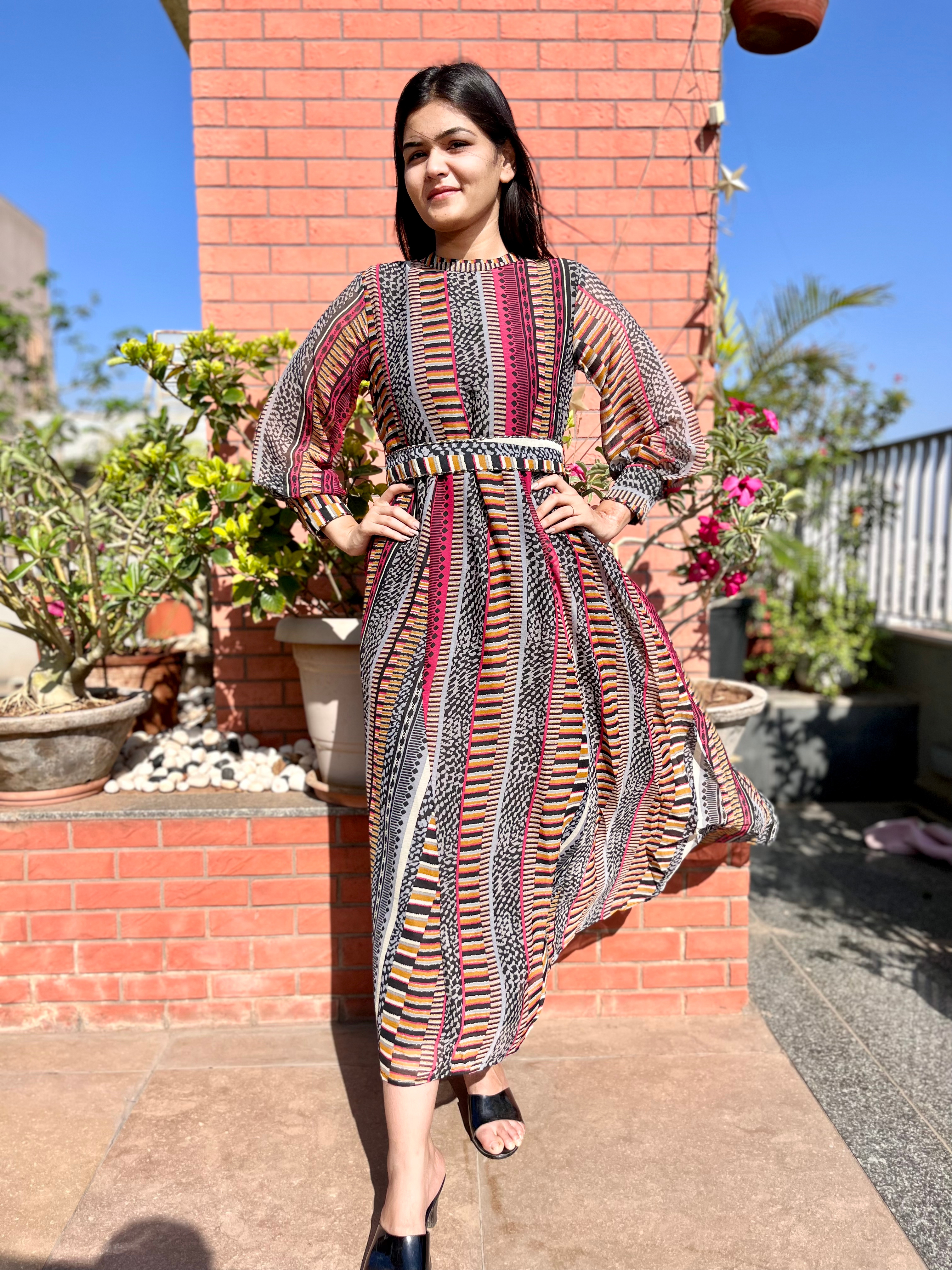Georgette Gown with Belt - Block Print