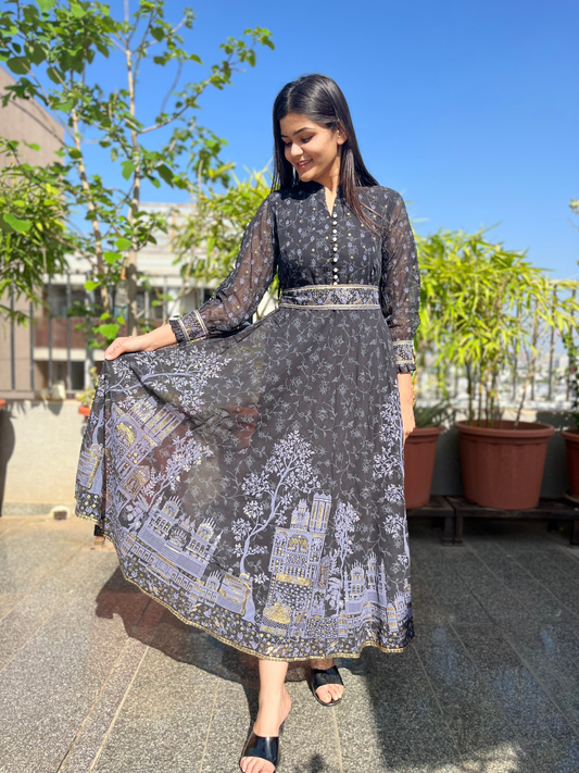 Georgette Gown with belt  - Block Print