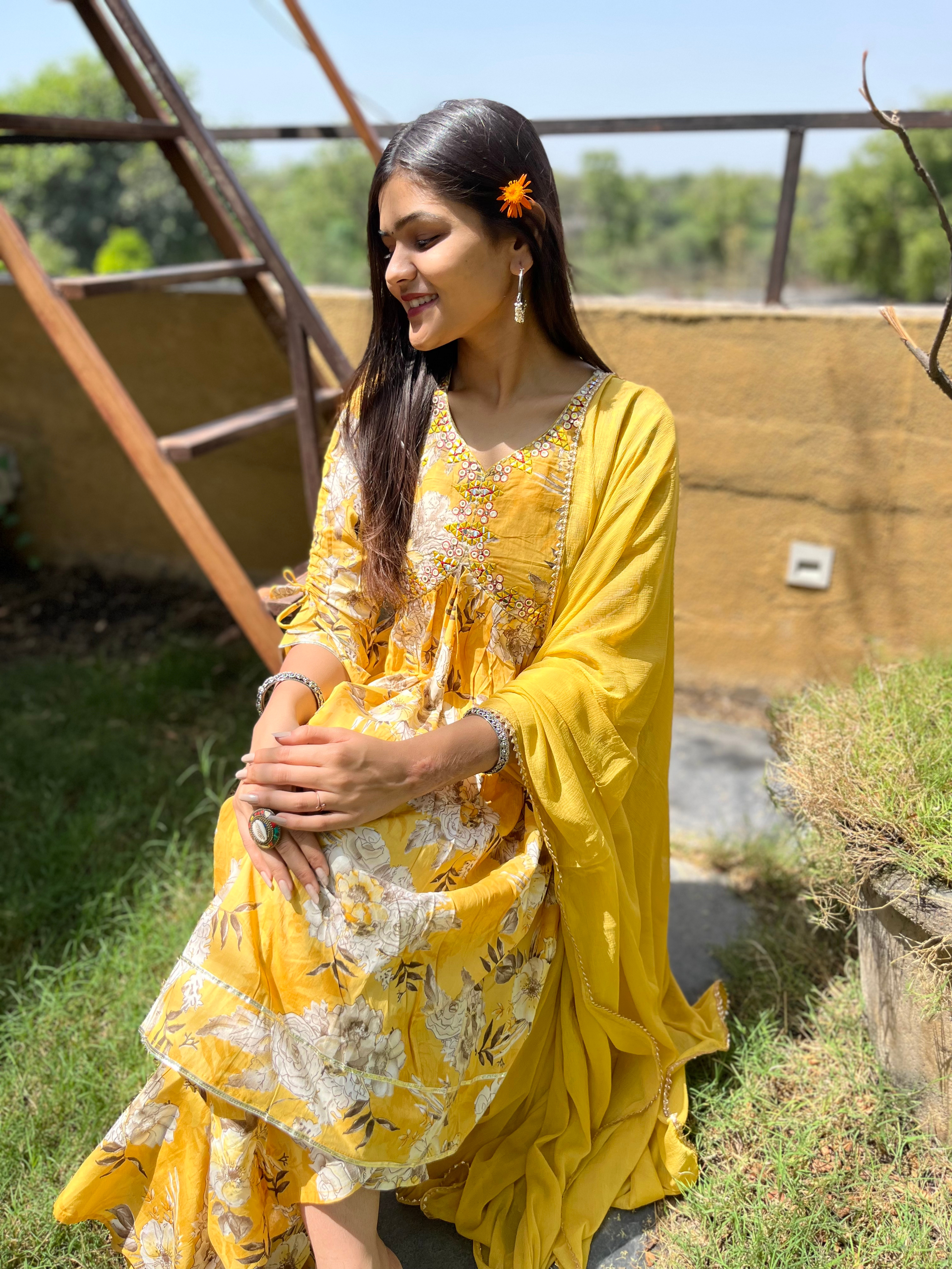 Mul Cotton Alia Cut Sharara Set with Nazlin Dupatta- 3 Piece