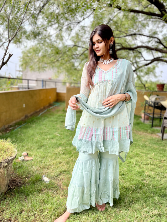 Sky Blue Alia Cut : 3 Piece Sharara Set