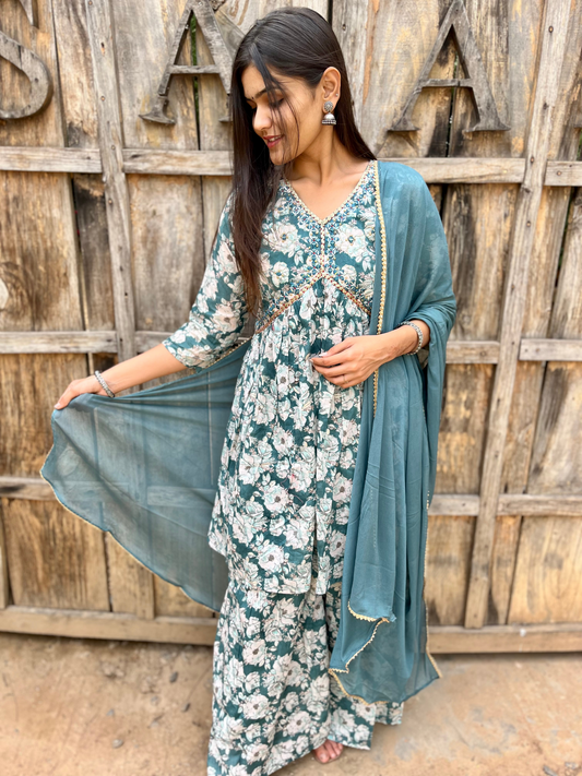 Firozi Blue Alia Cut : 3 Piece Sharara Set