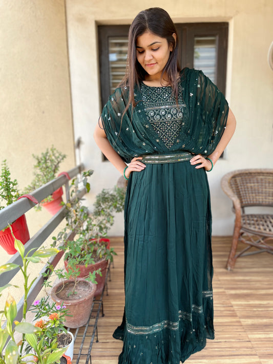 Georgette Gown with Belt  - Green